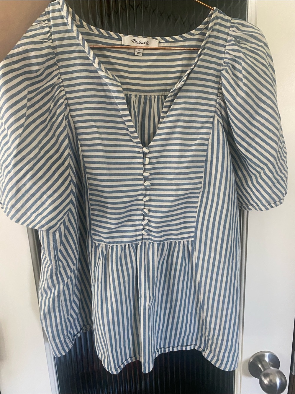 Madewell Blue and White Striped Button flare sleeve shirt